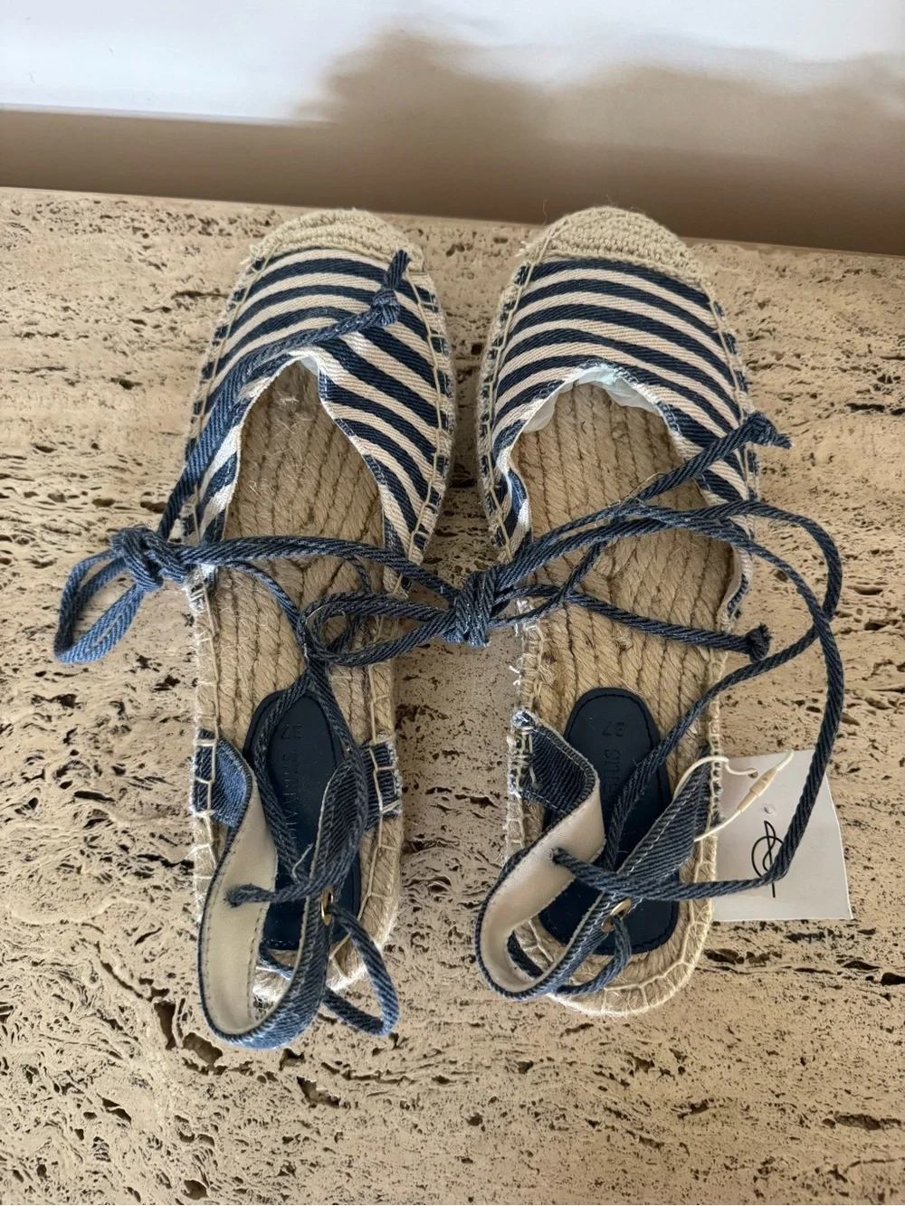 Stradivarius Navy and White Striped Espadrilles with Ankle Tie. Size EU37/US6.5